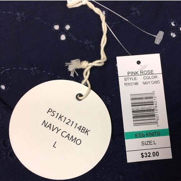 Pink Rose Top Eyelet Short Flutter Sleeve Blouse Women's L Navy Blue NEW Shirt‎ - Picture 3 of 9